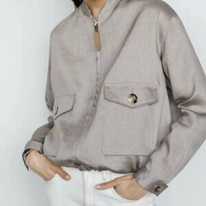 Massimo Dutti Linen Blend Short Bomber Jacket Silver Small